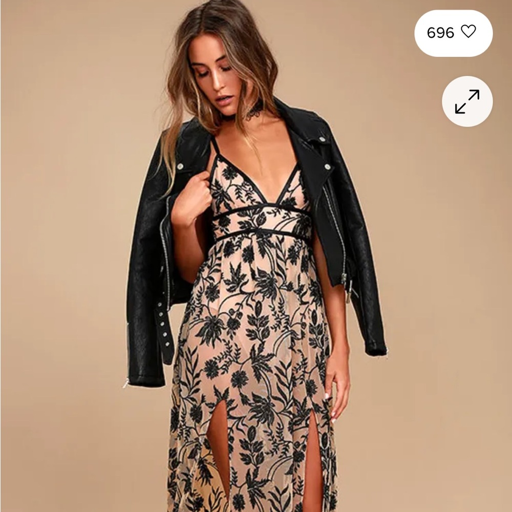 Lulus Embroidered Black and Nude Maxi Dress